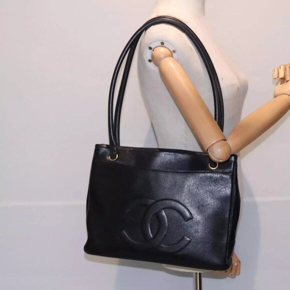 CHANEL Tote Bag Caviar Skin Black Gold CC Auth - Picture 1 of 16